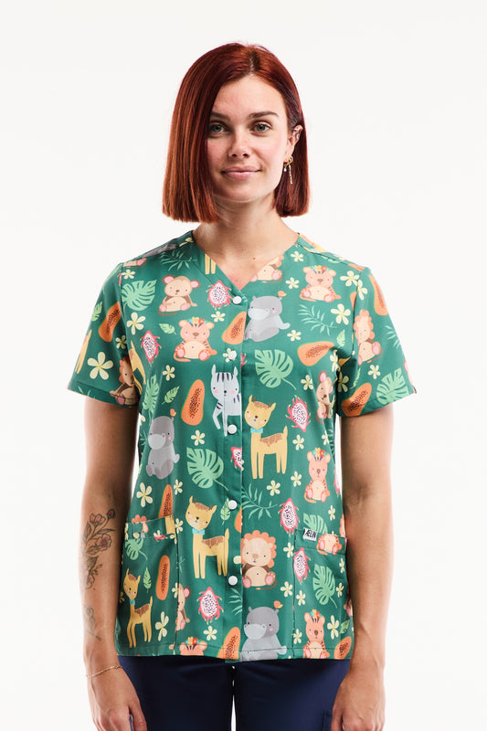 Blouse Médicale Imprimée Jungle – Animaux de la Savane Vert