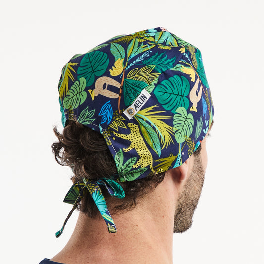 Calot chirurgien – Bleu marine imprimé feuilles – Cheveux courts