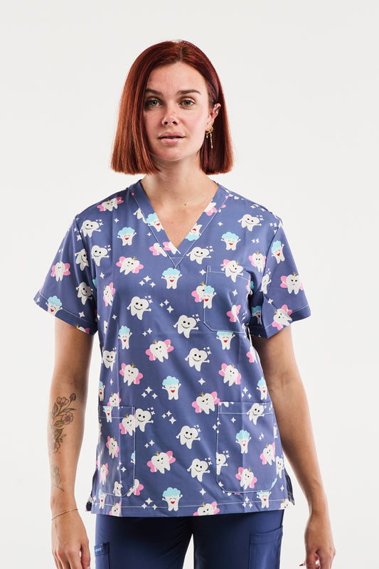 Blouse médicale - Bleu indigo imprimé dents