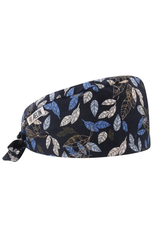 Calot médical – Bleu marine imprimé feuilles – Cheveux courts