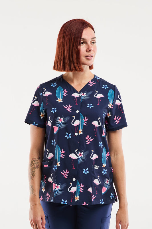 Blouse Médicale Stretch - Femme - Flamants Roses Marine