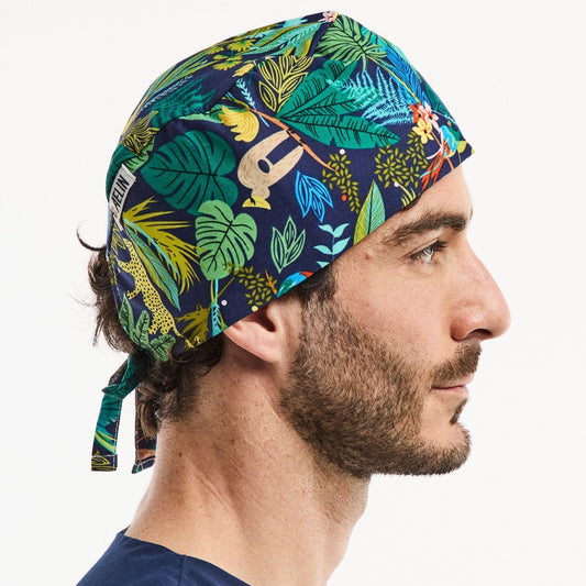Calot chirurgien – Bleu marine imprimé feuilles – Cheveux courts