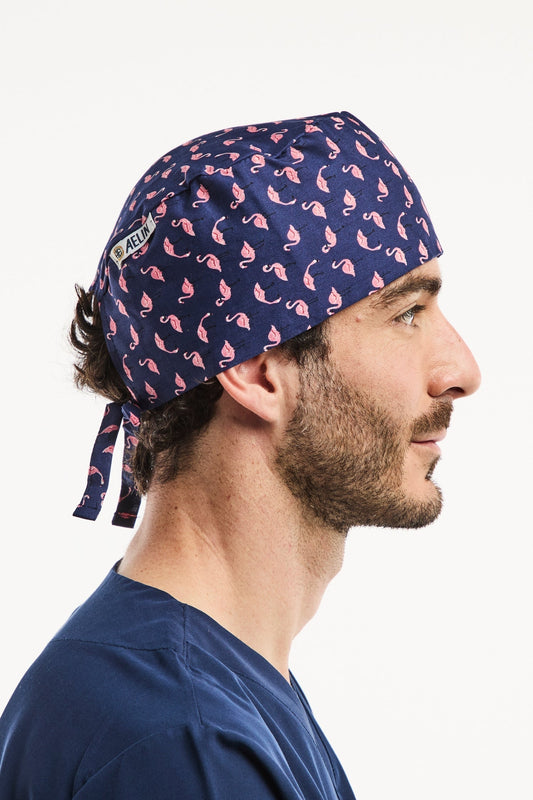 Calot chirurgien – Bleu marine imprimé flamant – Cheveux courts