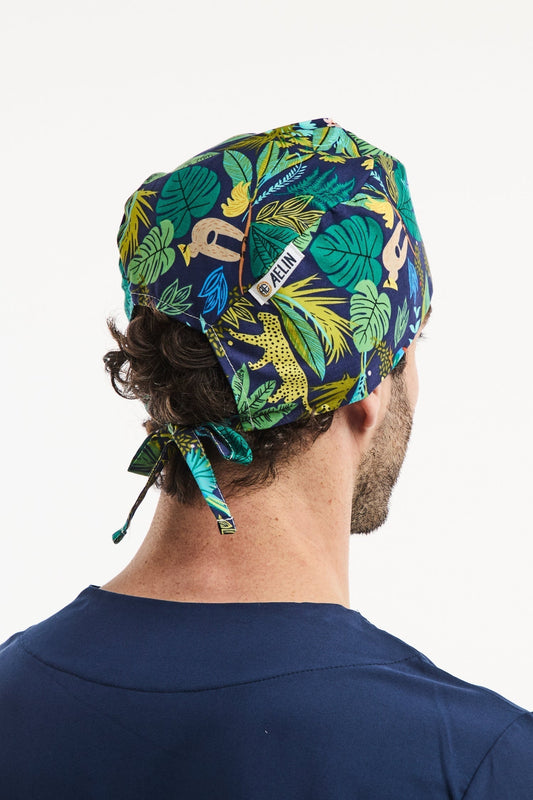 Calot chirurgien dentiste – Bleu marine imprimé jungle - Cheveux courts