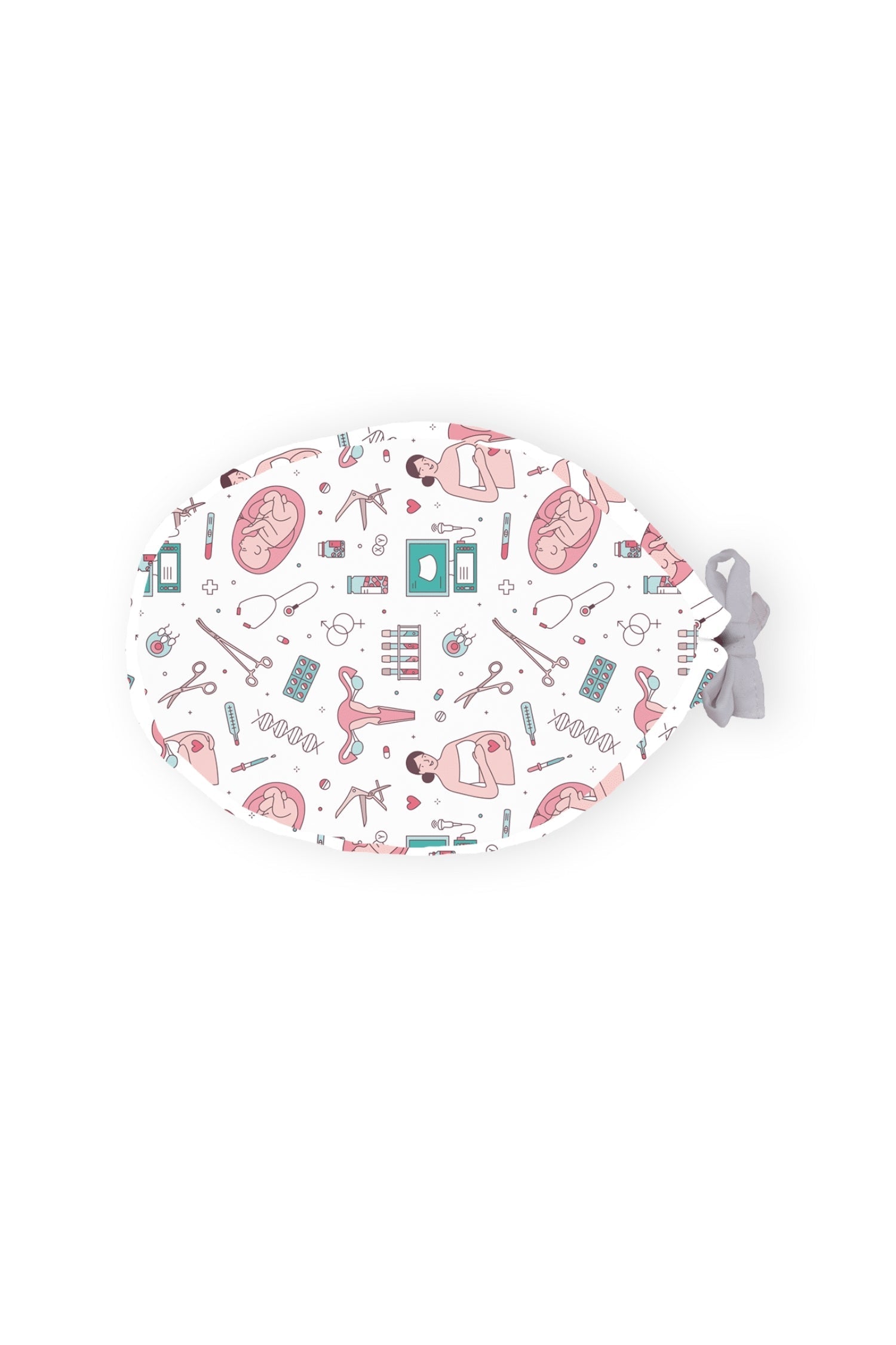 Calot médical Aelin rose clair avec motifs de gynécologie sur un plateau blanc
