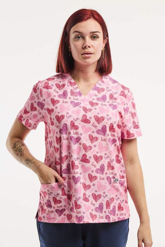 Tunique Médicale Stretch - Femme - Rose imprimé Cœurs