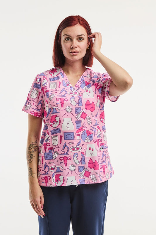 Tunique Médicale Stretch - Femme - Rose imprimé motifs gynécologue