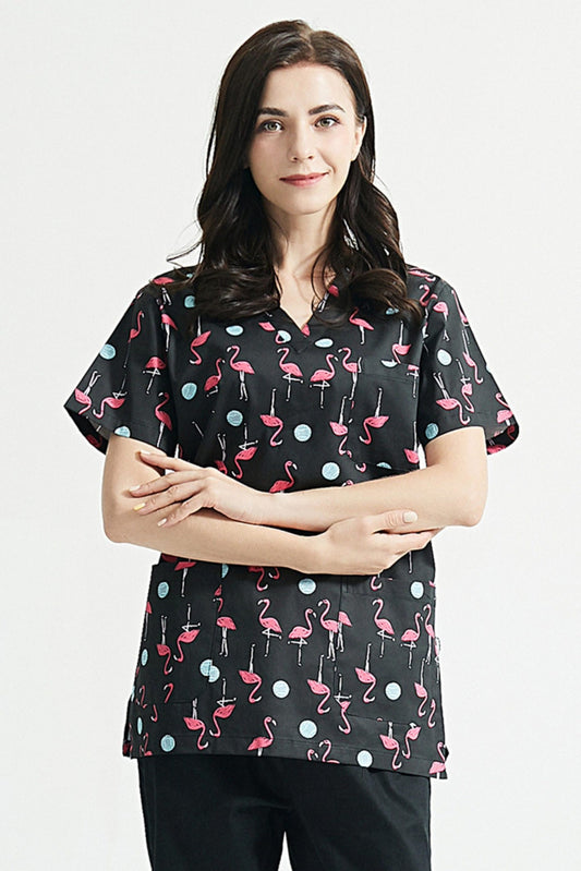 Tunique médicale - Noir à motifs flamants