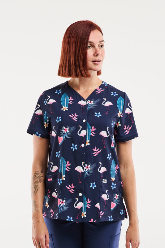 Blouse Médicale Stretch - Femme -  Flamants Roses Marine