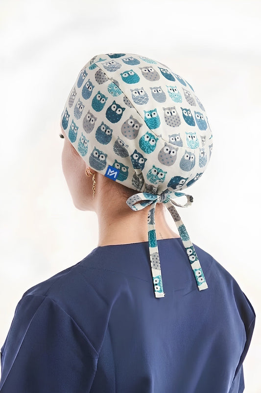 Calot de bloc couvrant bleu à motifs hiboux 100 % coton – Cheveux longs