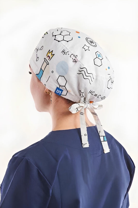 Calot de bloc couvrant blanc à motifs chimie 100 % coton – Cheveux longs