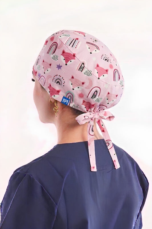 Calot de bloc couvrant rose à motifs renard 100 % coton – Cheveux longs