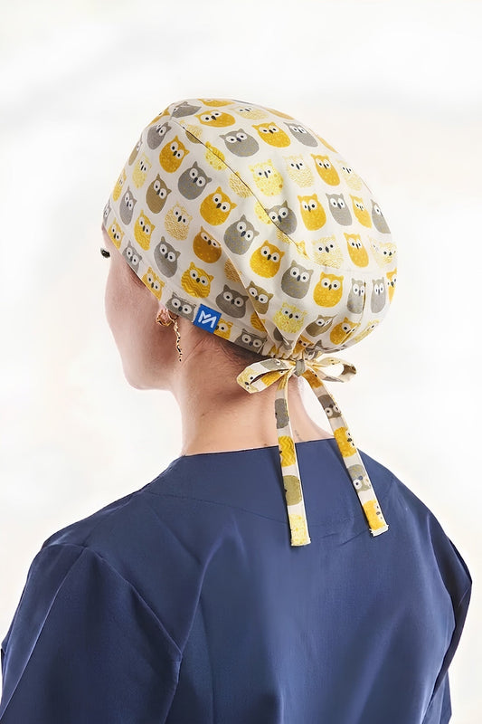 Calot de bloc couvrant jaune à motifs hiboux 100 % coton – Cheveux longs