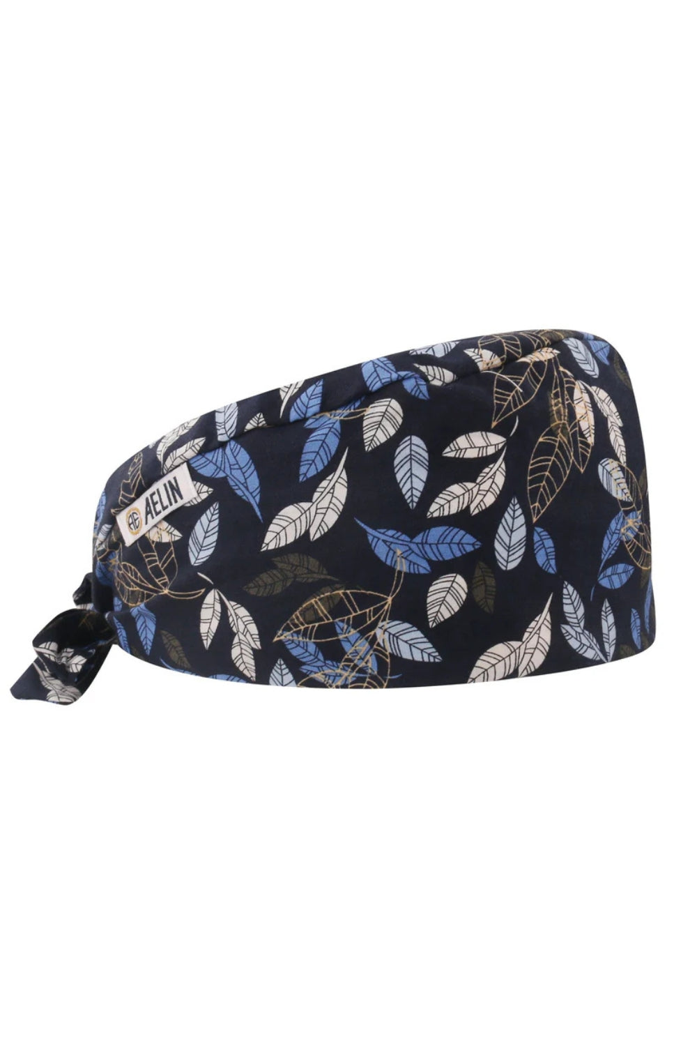 Calot médical – Bleu marine imprimé feuilles – Cheveux courts