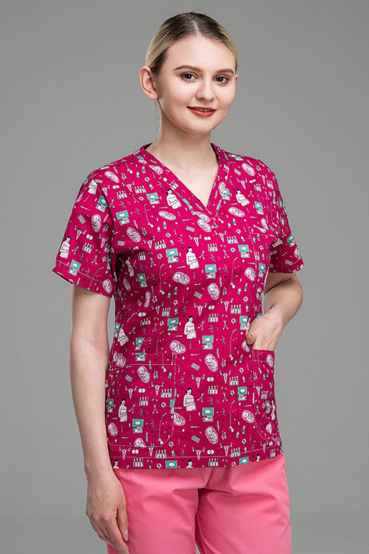 Blouse médicale - Rose imprimé motifs médicaux