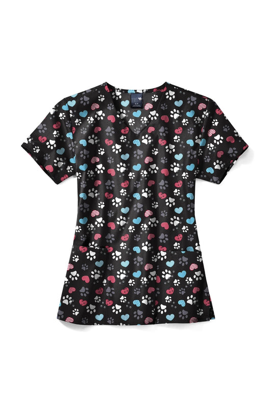 Blouse médicale - Noir imprimé empreintes de pieds et cœurs
