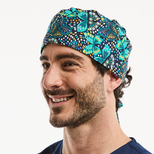 Calot chirurgien – Bleu marine imprimé papillons – Cheveux courts