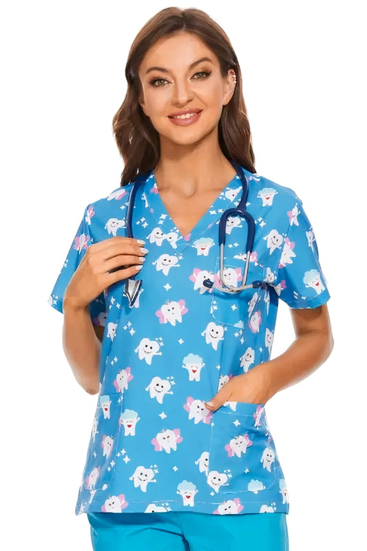 Blouse médicale - Bleu ciel imprimé dents