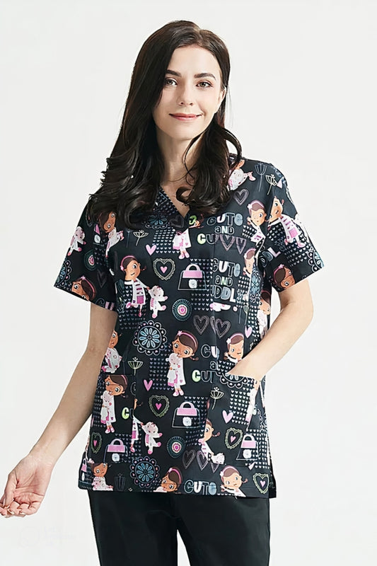 Blouse médicale - Noir imprimé cute