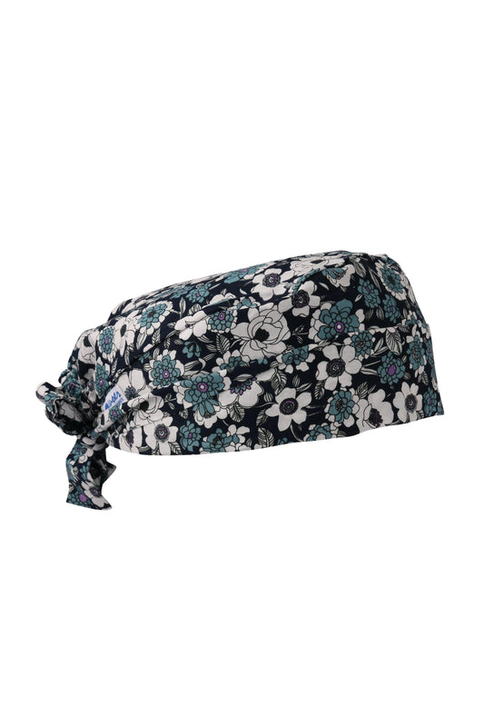 Calot médical – Noir avec motif floral – Cheveux courts