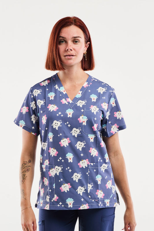 Blouse médicale - Bleu indigo imprimé dents