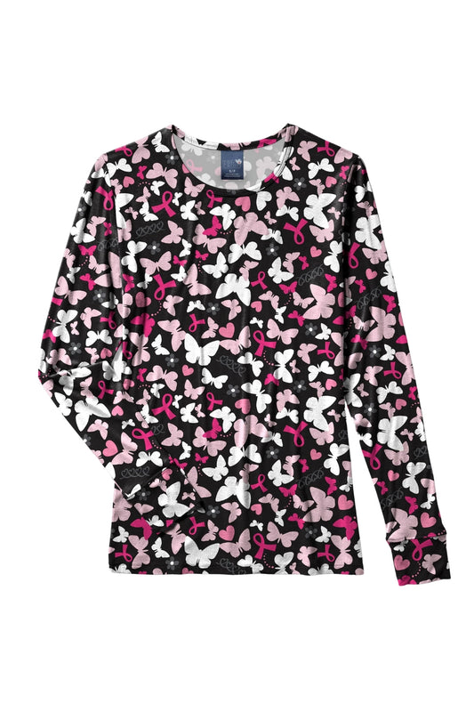 Blouse médicale - Noir imprimé papillons roses et blancs