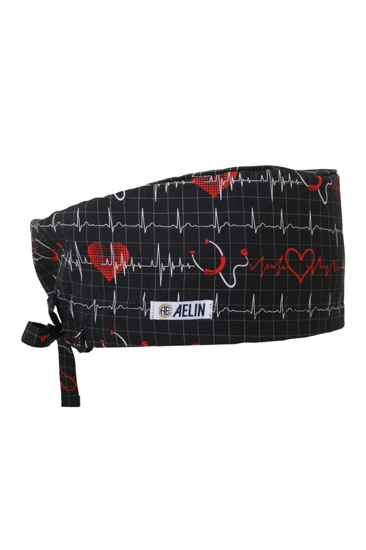 Calot chirurgical – Noir imprimé stéthoscope – Couvrant