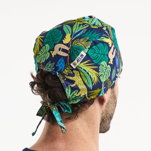 Calot chirurgien – Bleu marine imprimé feuilles – Cheveux courts