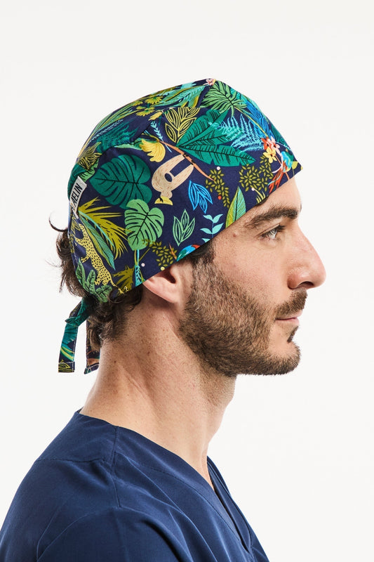 Calot chirurgien dentiste – Bleu marine imprimé jungle - Cheveux courts