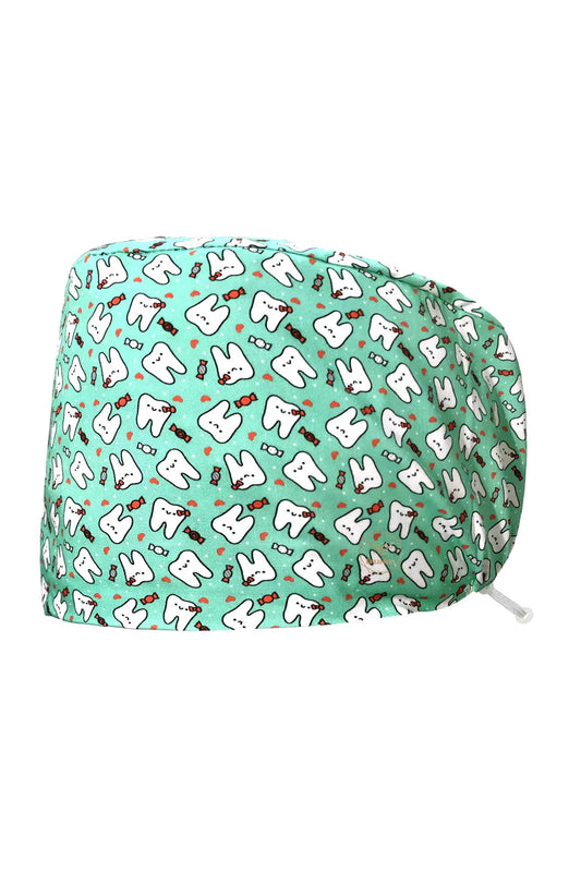Calot Chirurgien dentiste – Vert turquoise à motif dents – Cheveux longs