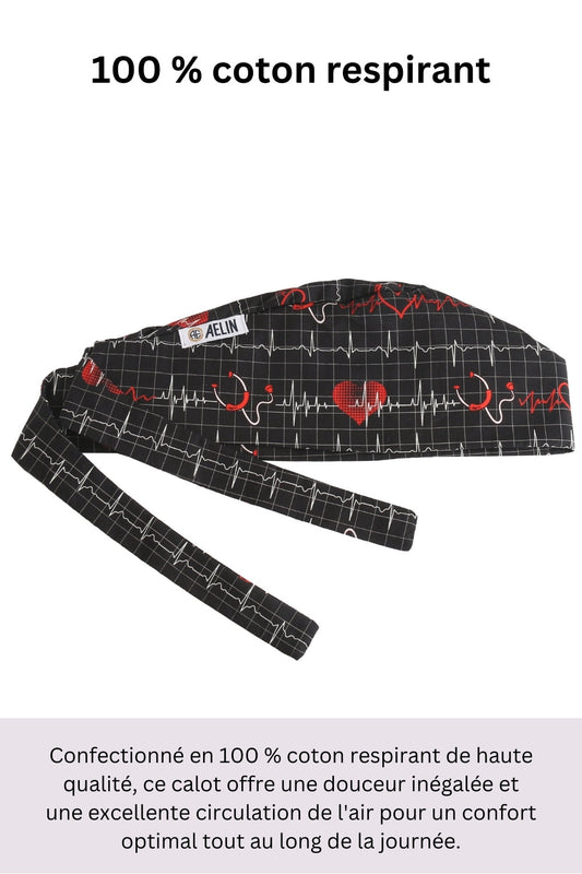Calot Infirmière – Noir imprimé papillon - Cheveux courts