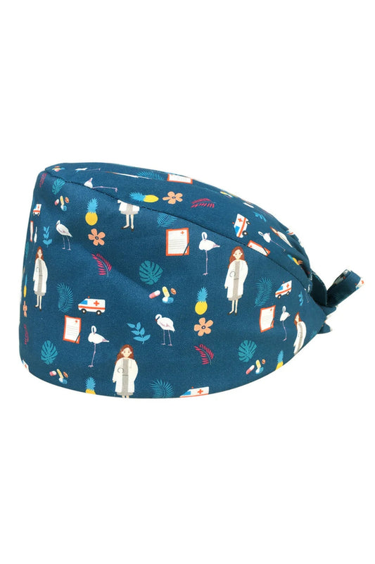 Calot médical bleu avec motifs médicaux, s’adapte et bandeau absorbant
