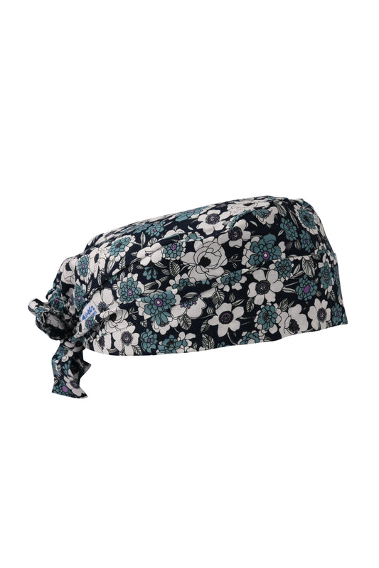 Calot médical – Noir avec motif floral – Cheveux courts