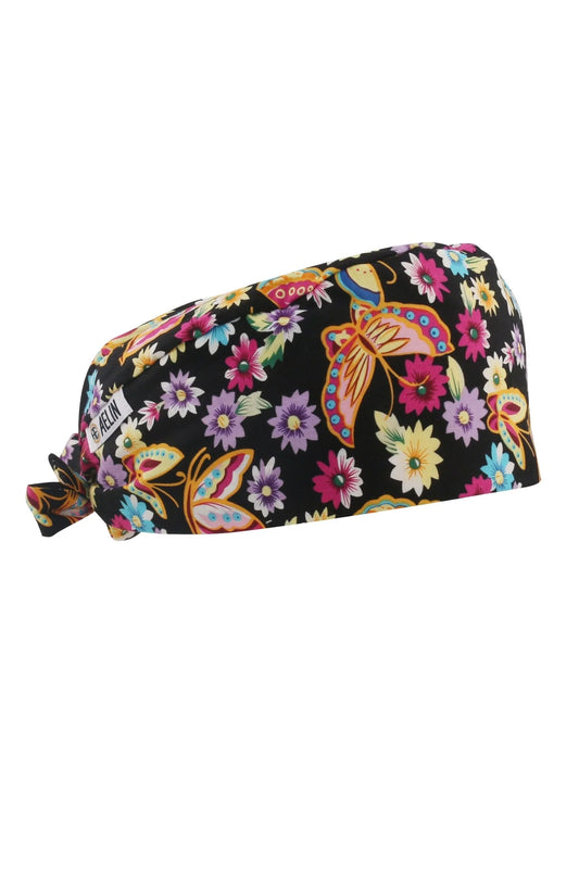 Calot de bloc – Noir imprimé Papillons et fleurs – Cheveux courts