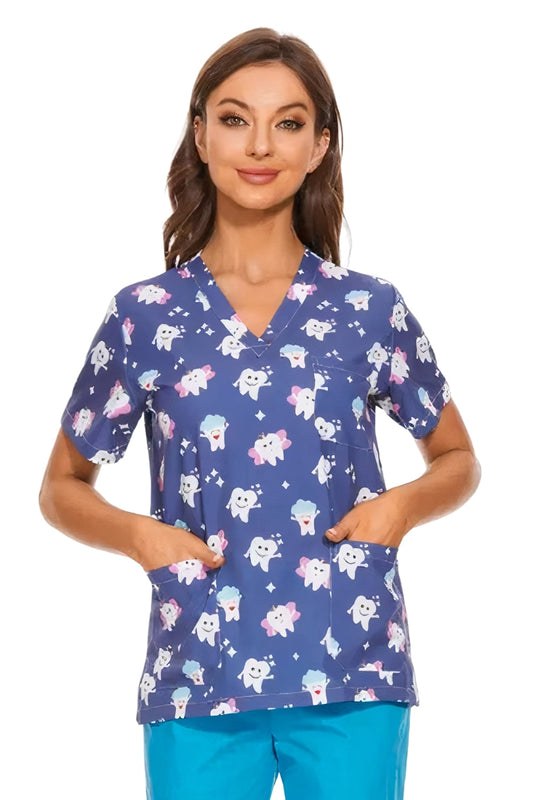 Blouse médicale - Bleu indigo imprimé dents