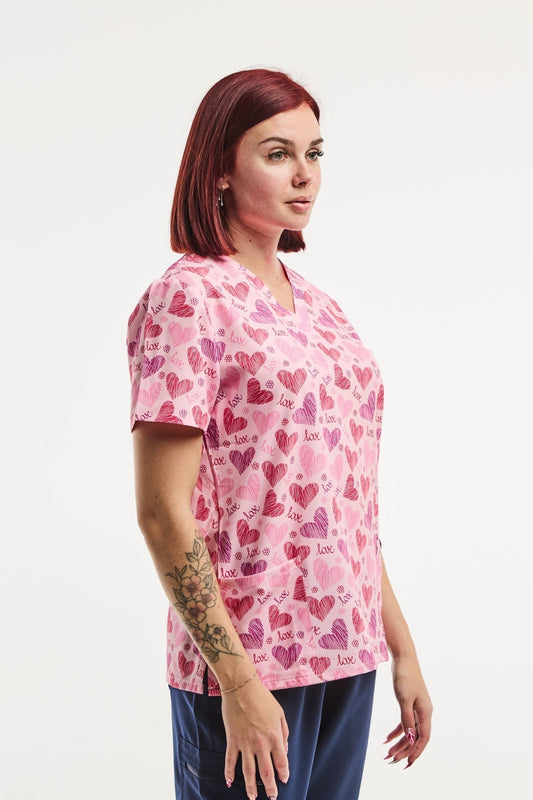 Tunique Médicale Stretch - Femme - Rose imprimé Cœurs
