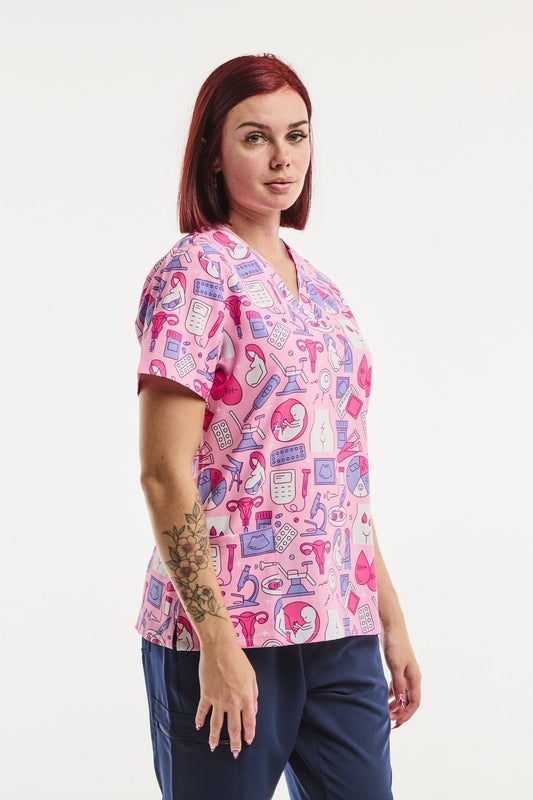 Tunique Médicale Stretch - Femme - Rose imprimé motifs gynécologue